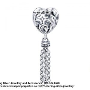 925 Sterling Silver Open work Love Charm with Tussle Love Floats  Detail Dangle Tussle  Charm. Pandora Compatible
