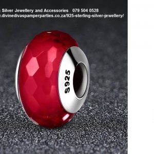 925 Sterling Silver Red Faceted Charm Bead. Pandora Compatible