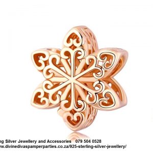 925 Sterling Silver Snowflake Cutout detail  Charm Rose Gold Plated. Pandora Compatible 