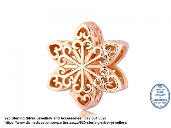 925 Sterling Silver Snowflake Cutout detail  Charm Rose Gold Plated. Pandora Compatible 