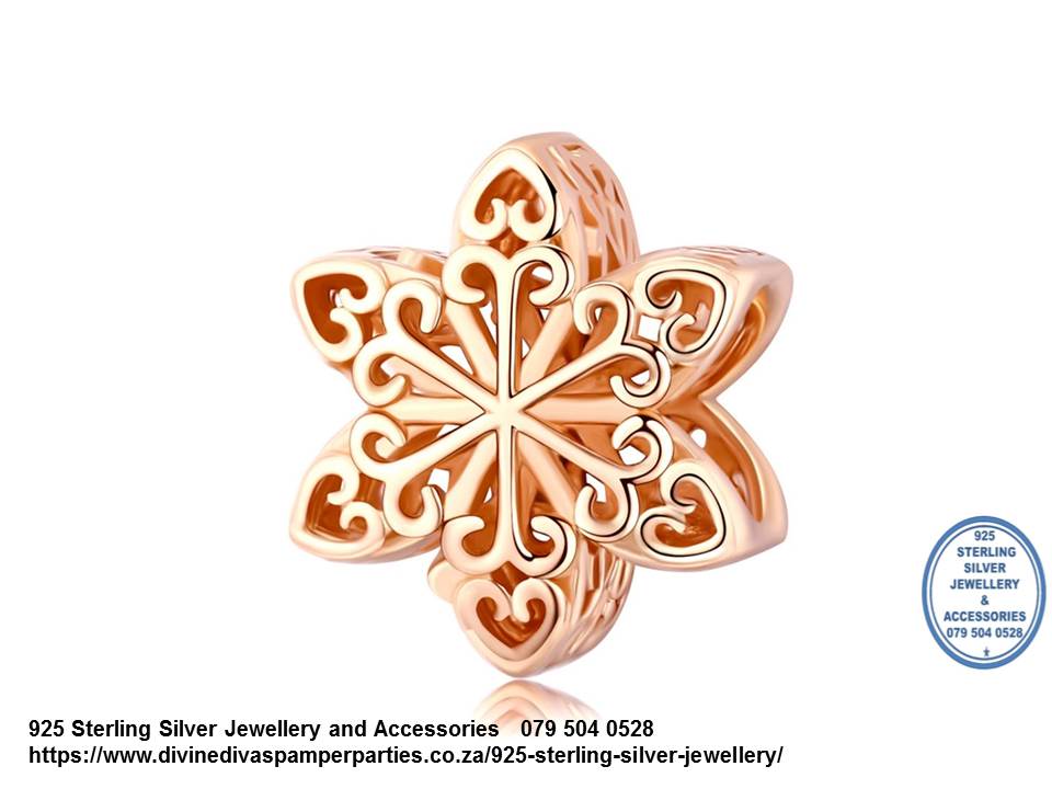 925 Sterling Silver Snowflake Cutout detail  Charm Rose Gold Plated. Pandora Compatible 