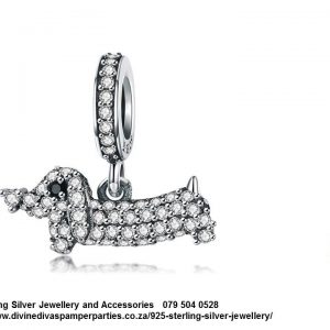 925 Sterling Silver Cubic Detail Sausage Dog Charm. Pandora Compatible 