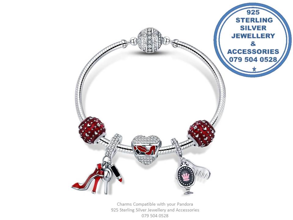 Glamour Trio 925 Sterling Silver Tripple Dangle Diva Woman Red Heels , Lipstick Charm. Pandora Compatible