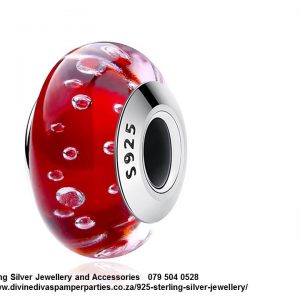 925 Sterling Silver Red Murano with bubbles Glass Charm Bead. Pandora Compatible