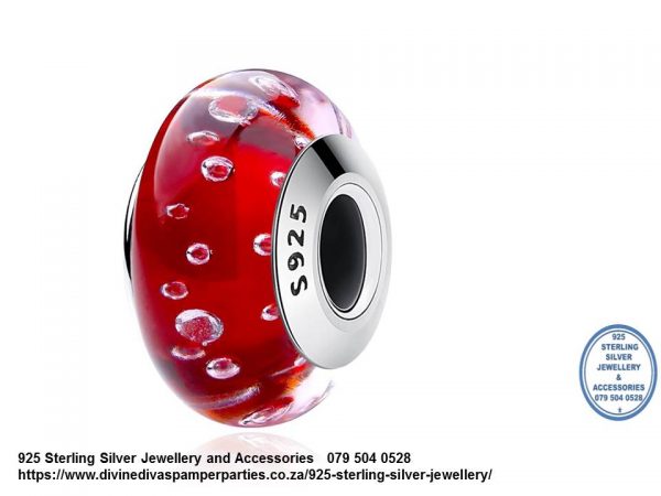 925 Sterling Silver Red Murano with bubbles Glass Charm Bead. Pandora Compatible