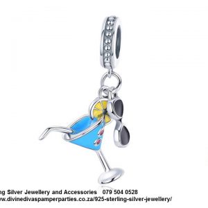 925 Sterling Silver Double Dangle Detail Summer Blue Cocktail Glass and Sunglasses Charm. Pandora Compatible 