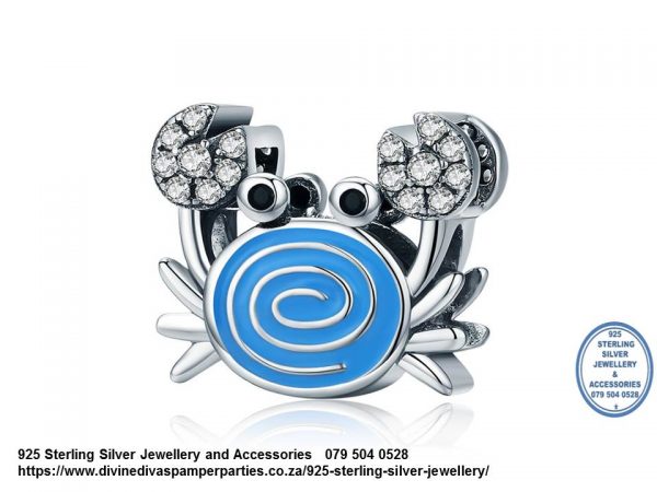925 Sterling Silver Cubic Detail Blue Enamel Cute Sea Crab Beach Charm. Pandora Compatible 