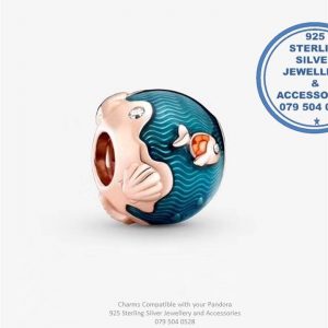 925 sterling Silver Charm Shimmering Ocean Waves & Fish . Pandora Compatible 