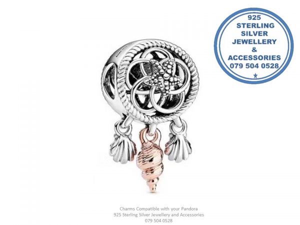 925 Sterling Silver  Two Toned Seashell Dream Catcher Rose Gold Plated Charm Bead. Pandora Compatible 