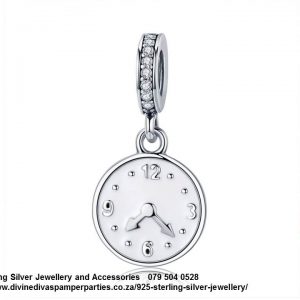 925 Sterling Silver  Detail Enamel Time Clock  Dangle Charm. Pandora Compatible 