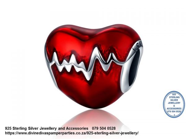 925 Sterling Silver Charm with Red Enamel Heart Beat and Silver Hearts Charm. Pandora Compatible.