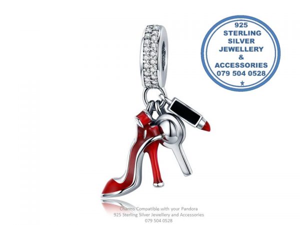 Glamour Trio 925 Sterling Silver Tripple Dangle Diva Woman Red Heels , Lipstick Charm. Pandora Compatible