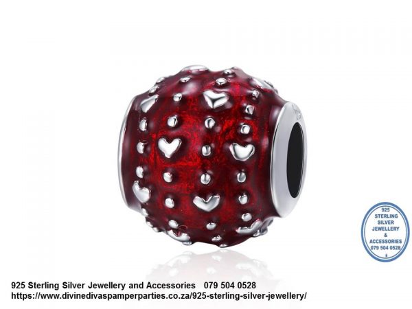 925 Sterling Silver Charm with Red Enamel and Silver Hearts Charm. Bead Pandora Compatible.