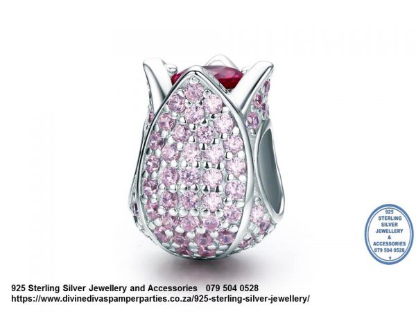 925 Sterling Silver Pink Tulip Flower Petals Cubic Charm. Pandora Compatible