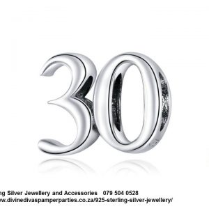 925 Sterling Silver  Number  30 Thirty Celebration Birthday Charm. Pandora Compatible 