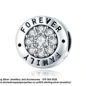 925 Sterling Silver Cubic Detail Forever Family Large Round Charm with many Cz. Pandora Compatible 