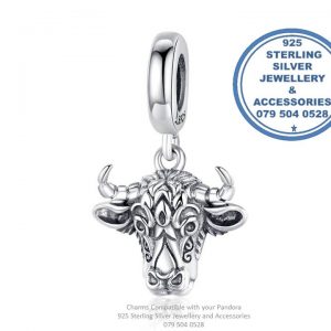925 Sterling Silver Ox Detailed Dangle Charm. Pandora Compatible bull cow