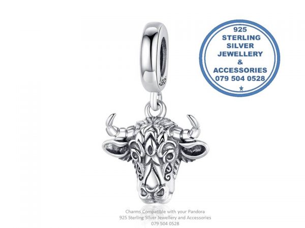 925 Sterling Silver Ox Detailed Dangle Charm. Pandora Compatible bull cow