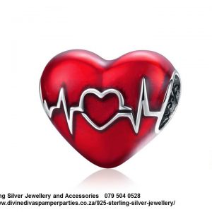 925 Sterling Silver Charm with Red Enamel Heart Beat middle heart and Silver Hearts Charm. Pandora Compatible.