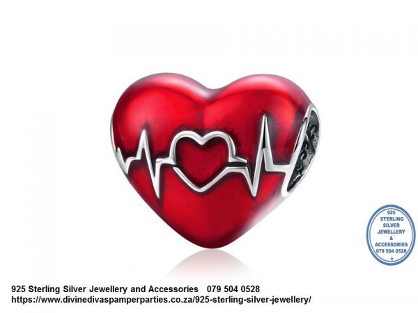 925 Sterling Silver Charm with Red Enamel Heart Beat middle heart and Silver Hearts Charm. Pandora Compatible.
