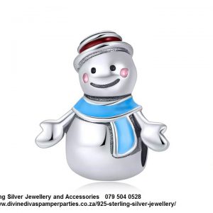 925 Sterling Silver  Detail Snowman with Blue enamel  scarf and hat Charm. Pandora Compatible 