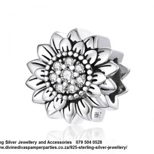 925 Sterling Silver Sunflower with Cubic Charm. Pandora Compatible 