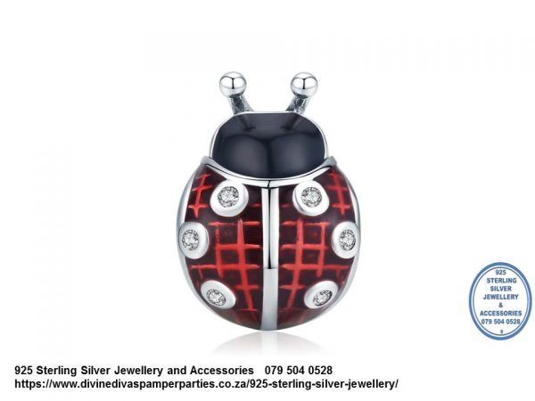 925 Sterling Silver Cubic Red and black Enamel Ladybug Detail Charm. Pandora Compatible 