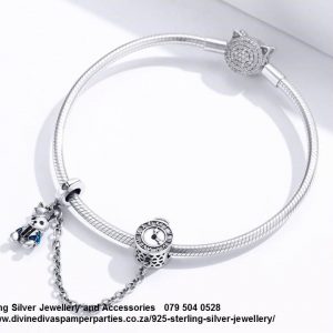 925 Sterling Silver Enamel  Detail Alice In Wonderland Bunny Clock  Safety Chain. Pandora Compatible