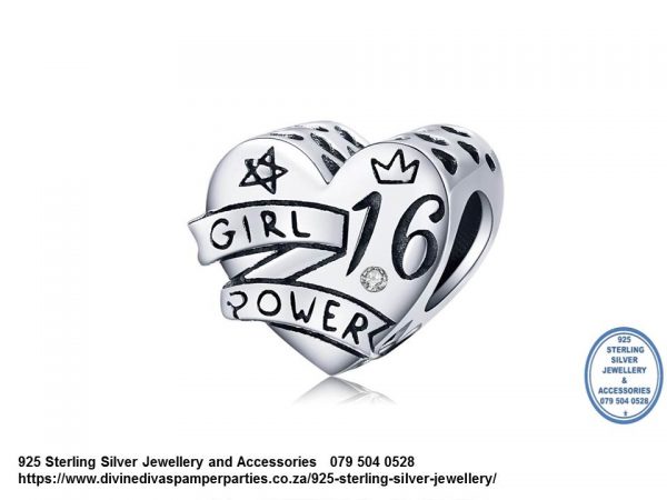 925 Sterling Silver Sweet Sixteen 16 Girl Power Celebration Birthday Charm. Pandora Compatible 