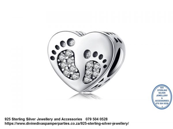 925 Sterling Silver CZ Cubic detail Foot prints Baby Love Heart Charm. Pandora Compatible