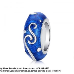 925 Sterling Silver Silver twirls on blue Charm. Pandora Compatible