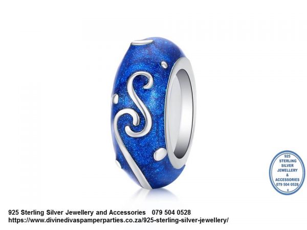 925 Sterling Silver Silver twirls on blue Charm. Pandora Compatible