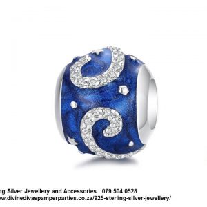 925 Sterling Silver Detailed Damask Twirls CZ on Blue Charm. Pandora Compatible