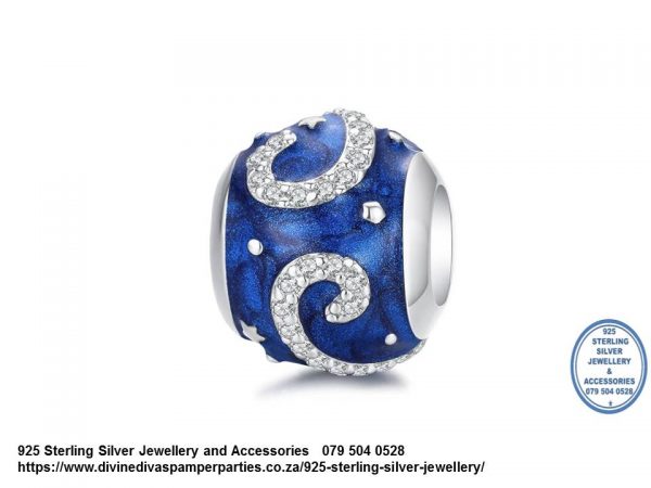 925 Sterling Silver Detailed Damask Twirls CZ on Blue Charm. Pandora Compatible