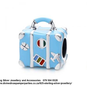 925 Sterling Silver Blue Enamel Detail Travel Suitcase Charm. Pandora Compatible