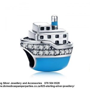 925 Sterling Silver Cubic Cz detail with Enamel Cruise Ship Travel Charm. Pandora Compatible