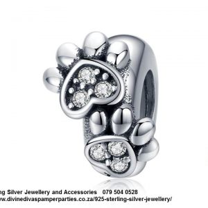 925 Sterling Silver Paw Prints Detail CZ Spacer Bead Charm. Pandora Compatible