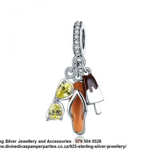 925 Sterling Silver Tripple Dangle Summer Love Dangle Charm. Brown Flip flops , Glasses , Icecream Pandora Compatible 