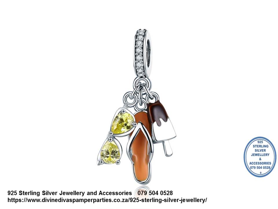 925 Sterling Silver Tripple Dangle Summer Love Dangle Charm. Brown Flip flops , Glasses , Icecream Pandora Compatible 