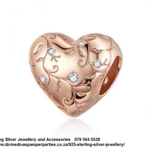925 Sterling Silver Rose Gold plated Heart Cz Charm. Pandora Compatible