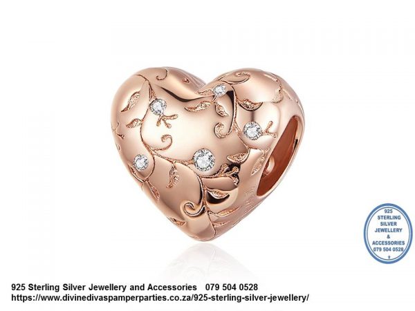925 Sterling Silver Rose Gold plated Heart Cz Charm. Pandora Compatible