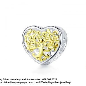 925 Sterling Silver Two tone Gold plated Tree of Life Heart Love Charm. Pandora Compatible