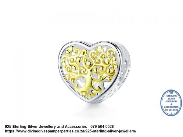 925 Sterling Silver Two tone Gold plated Tree of Life Heart Love Charm. Pandora Compatible