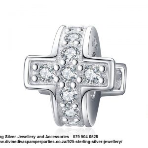 925 Sterling Silver Cubic Detail Cross Spacer Faith Charm. Pandora Compatible