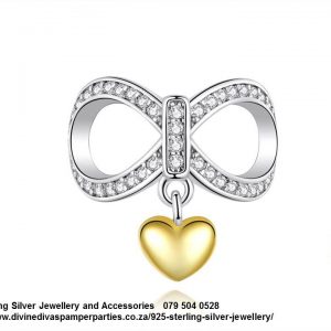 925 Sterling Silver Dangle Gold Plated Heart Cubic Detail Infinity Charm. Pandora Compatible