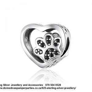 925 Sterling Silver Cz Cubic detail Black Paw Prints Charm. Pandora Compatible