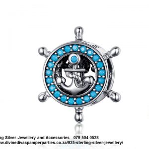 925 Sterling Silver Anchor Blue Large Round Cubic CZ Detailed Charm Bead. Pandora Compatible