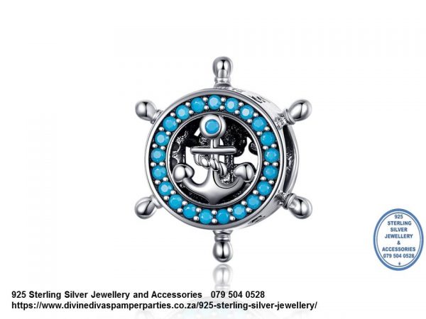 925 Sterling Silver Anchor Blue Large Round Cubic CZ Detailed Charm Bead. Pandora Compatible
