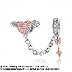 925 Sterling Silver Safety Chain Cupid Heart sand Arrow  Cubic Detail and Rose Gold Plated onto Sterling Silver . Pandora Compatible