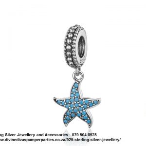 925 Sterling Silver Dangle Blue Cubic Detail Starfish Charm. Pandora Compatible